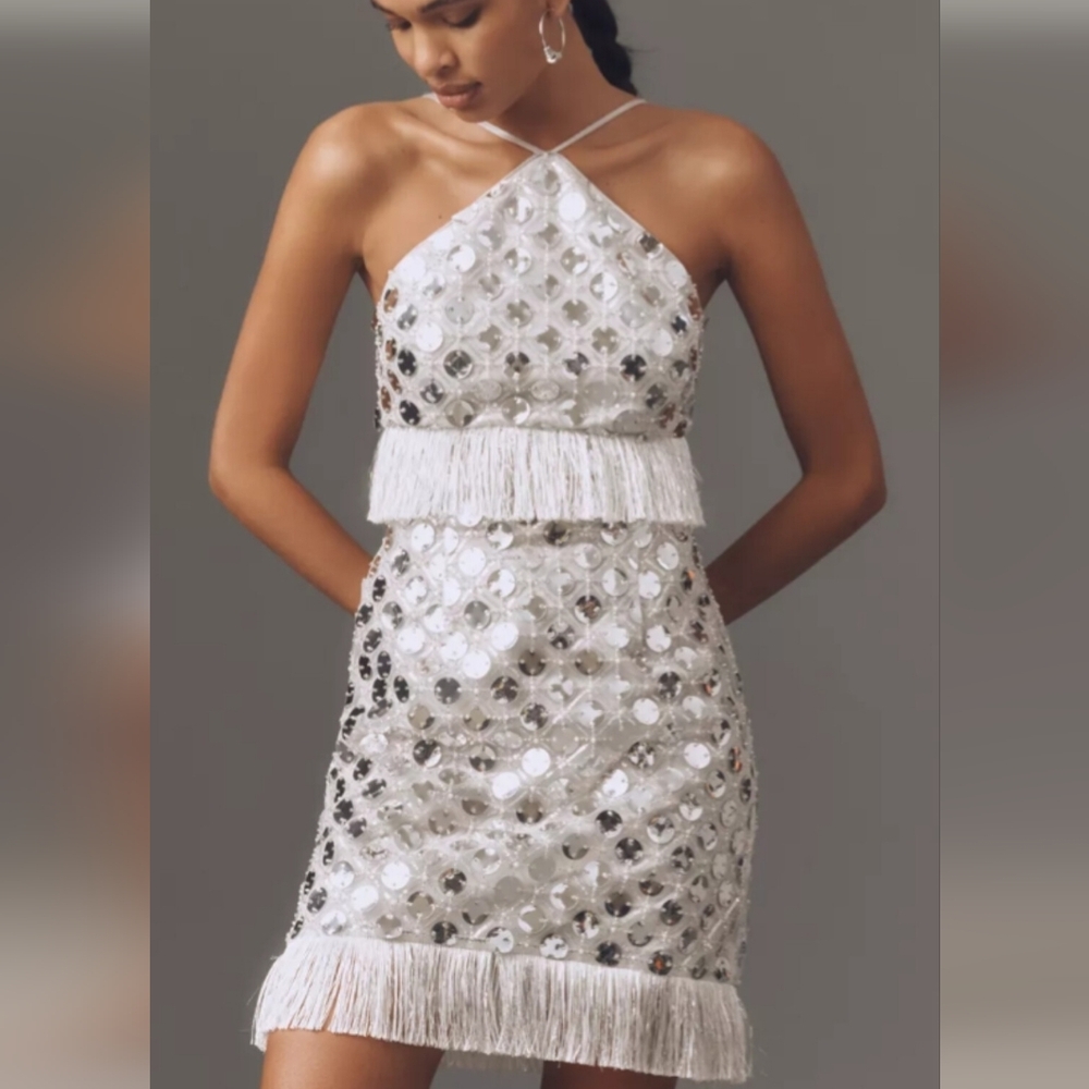 Anthropologie White and Silver Mini Skirt